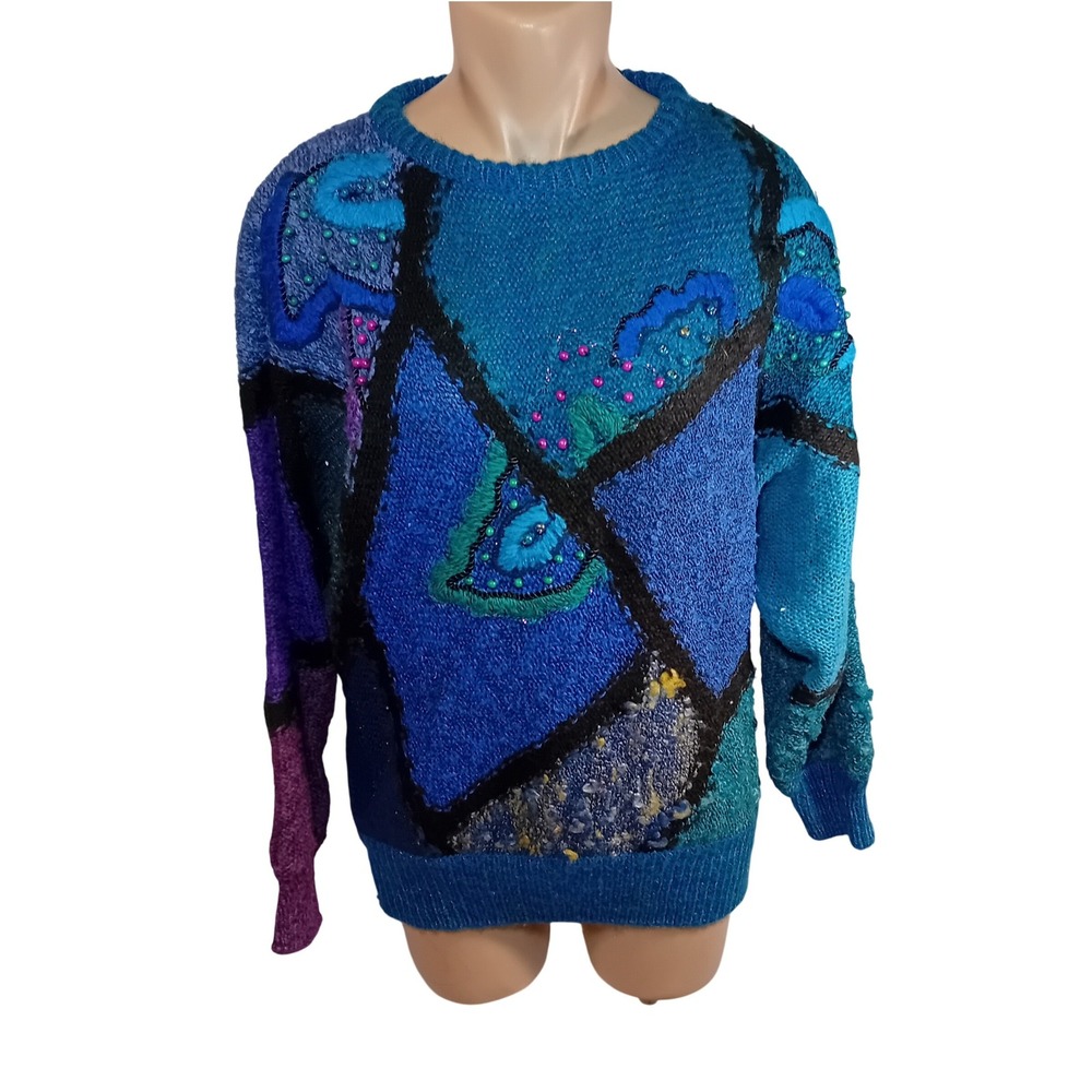 Vintage 80s Connexion Au‎ Contraire Abstract Beaded Sweater Indie Grandma Work S
